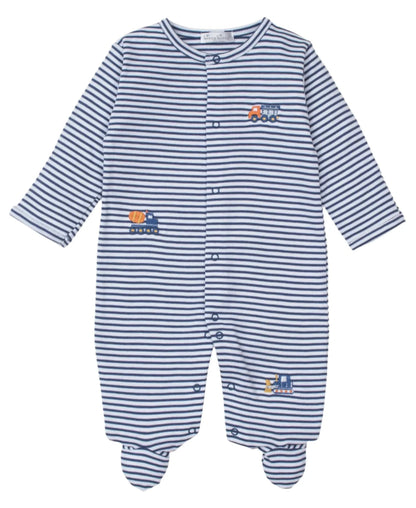 The Kissy Kissy Construction Crew Striped Footie by Kissy Kissy is a charming button-closure baby sleeper featuring small embroidered vehicles on the front, such as a cement mixer and an excavator. This construction-themed design comes in soothing blue and white tones and is crafted from soft Pima cotton for extra comfort.