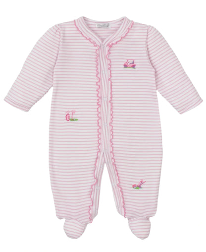 The Kissy Kissy Fairway Foursome Stripe Footie, made by Kissy Kissy, is a pink and white striped baby onesie crafted from soft Pima cotton for ultimate comfort, featuring embroidered designs and charming ruffled edges.