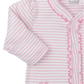 The Kissy Kissy Fairway Foursome Stripe Footie by Kissy Kissy is a pink and white striped onesie in soft Pima cotton, featuring ruffled edges and golf-themed embroidery for ultimate baby comfort.