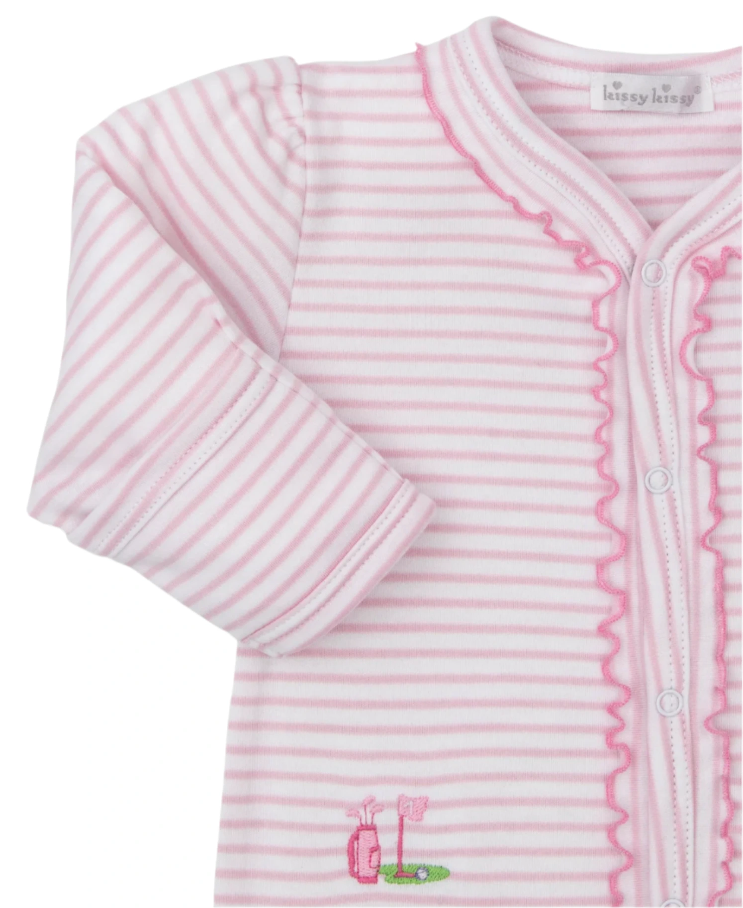 The Kissy Kissy Fairway Foursome Stripe Footie by Kissy Kissy is a pink and white striped onesie in soft Pima cotton, featuring ruffled edges and golf-themed embroidery for ultimate baby comfort.