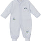 The Kissy Kissy Fairway Foursome Stripe Footie by Kissy Kissy is a striped, long-sleeve baby onesie with cozy footies, made from soft Pima cotton and featuring small embroidered tractor and lawn mower designs for ultimate comfort.