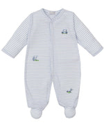 The Kissy Kissy Fairway Foursome Stripe Footie by Kissy Kissy is a striped, long-sleeve baby onesie with cozy footies, made from soft Pima cotton and featuring small embroidered tractor and lawn mower designs for ultimate comfort.