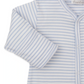 Close-up of the Kissy Kissy Fairway Foursome Stripe Footie, crafted from soft Pima cotton in light blue and white stripes. It features front buttons and an embroidered giraffe design near the bottom, ensuring comfort for your baby with every wear.