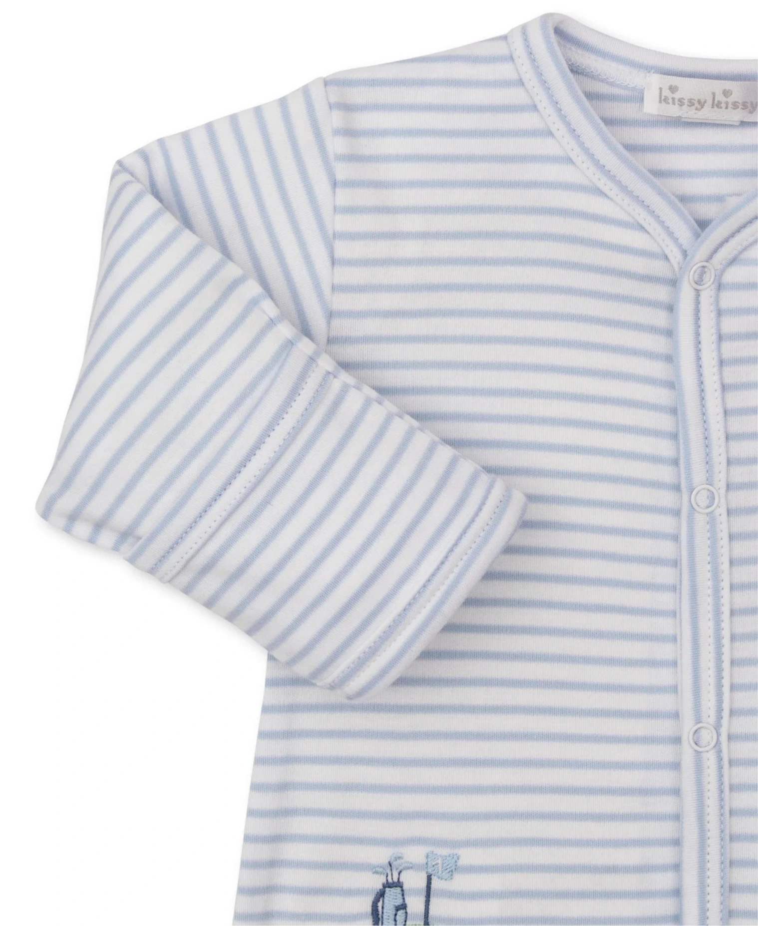 Close-up of the Kissy Kissy Fairway Foursome Stripe Footie, crafted from soft Pima cotton in light blue and white stripes. It features front buttons and an embroidered giraffe design near the bottom, ensuring comfort for your baby with every wear.