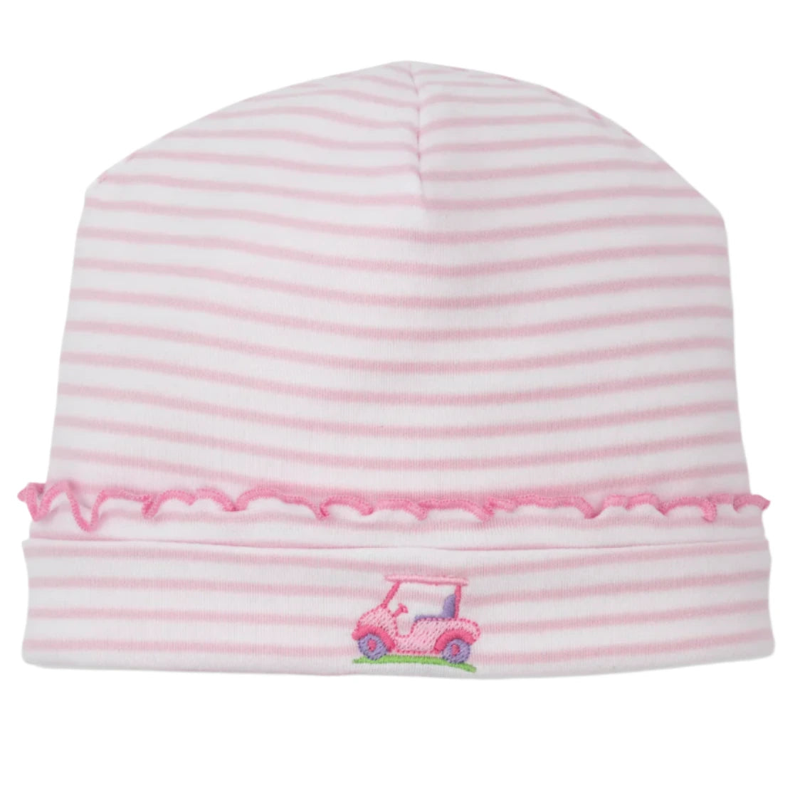 The Kissy Kissy Baby Fairway Foursome Striped Hat is made from soft Pima cotton, adorned with pink and white stripes, a tiny pink car embroidery, and a ruffled trim—ideal for your little one!.