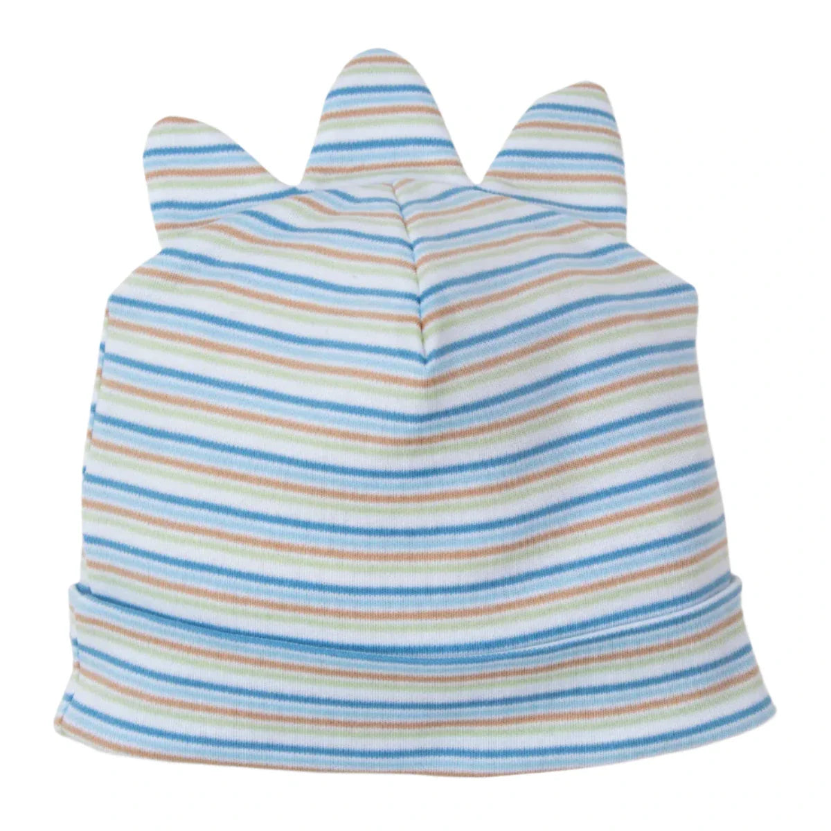 Kissy Kissy Dinosaur Domain Novelty Striped Hat in vibrant blue, white, and orange features dinosaur-like spikes and is crafted from soft Pima cotton for ultimate comfort.