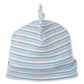 The Kissy Kissy Dinosaur Domain Novelty Striped Hat is an adorable baby hat featuring a top knot, crafted from soft Pima cotton. It showcases pastel blue, beige, and white horizontal stripes, ensuring comfort for your little one.