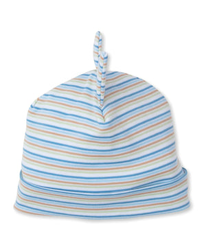 The Kissy Kissy Dinosaur Domain Novelty Striped Hat is an adorable baby hat featuring a top knot, crafted from soft Pima cotton. It showcases pastel blue, beige, and white horizontal stripes, ensuring comfort for your little one.