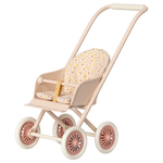 The Maileg Stroller, Micro - Powder features a beige frame, four pink wheels, a floral-patterned seat cushion, and a yellow strap—perfectly sized for your bunny plush toys and shown on a white background.