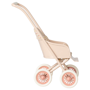 The Maileg Stroller, Micro - Powder is a pink and white stroller perfect for your little one’s tiny dolls or bunny-sized companions.