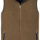 The Peter Millar Brentwood Reversible Fleece Vest showcases a brown, windproof design, complete with a full-length zipper, two side pockets, and a dark inner lining.