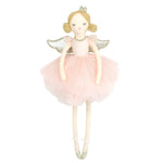 The MON AMI Sugar Plum Fairy by Mon Ami captivates with its delicate ballet dancer charm, featuring a fabric doll adorned in a pink tulle dress, complete with wings and a crown.