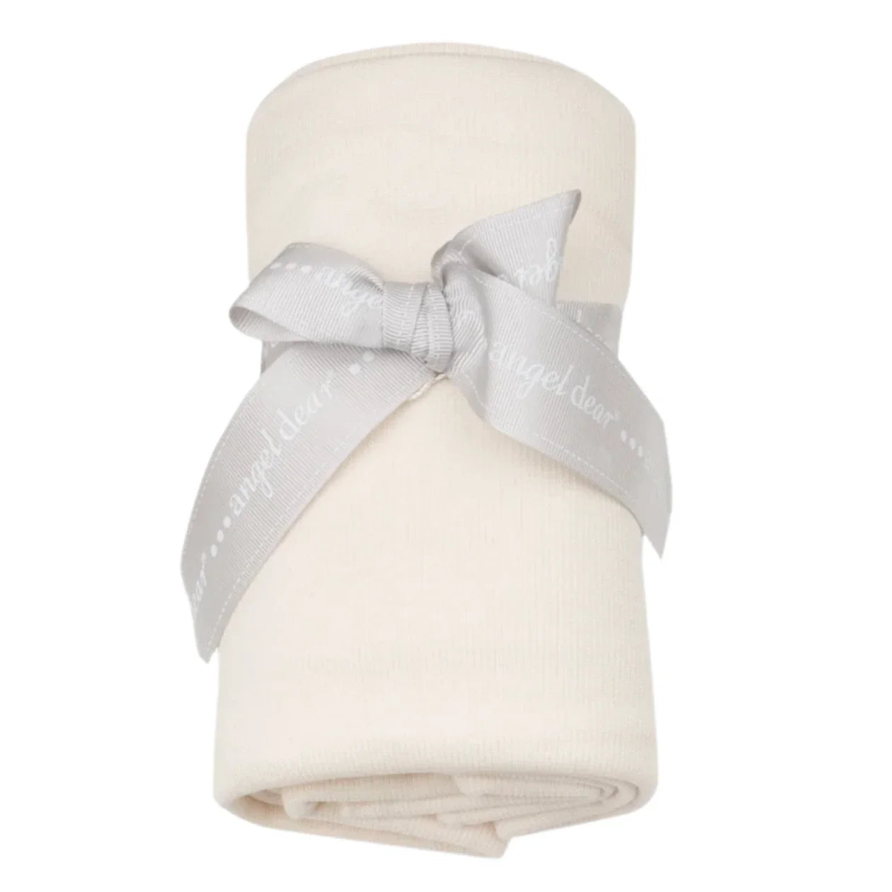 The Angel Dear Solid Sugar Swizzle Swaddle Blanket, presented in a cream hue and tied with a gray ribbon, features a versatile design ideal for any nursery.