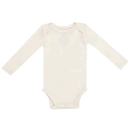 The Angel Dear Solid Sugar Swizzle Bodysuit from Angel Dear is a comfortable, plain white long-sleeved essential for any baby wardrobe, perfect on a white background.