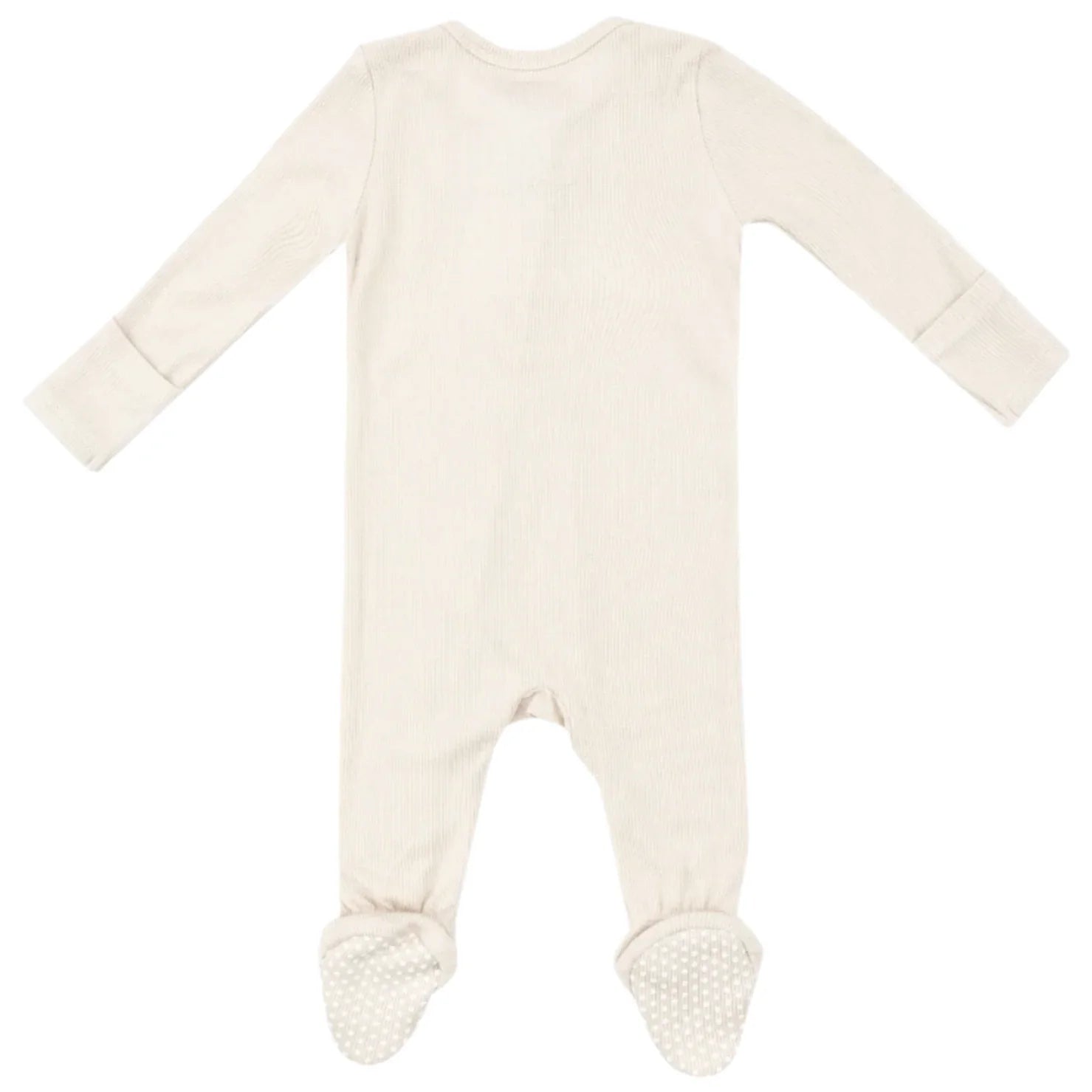 The Angel Dear Solid Sugar Swizzle 2-Way Zip Footie, presented from the back, is a cream-colored baby onesie featuring long sleeves and footed bottoms. Made from bamboo fiber fabric by Angel Dear, it regulates body heat for ultimate comfort.