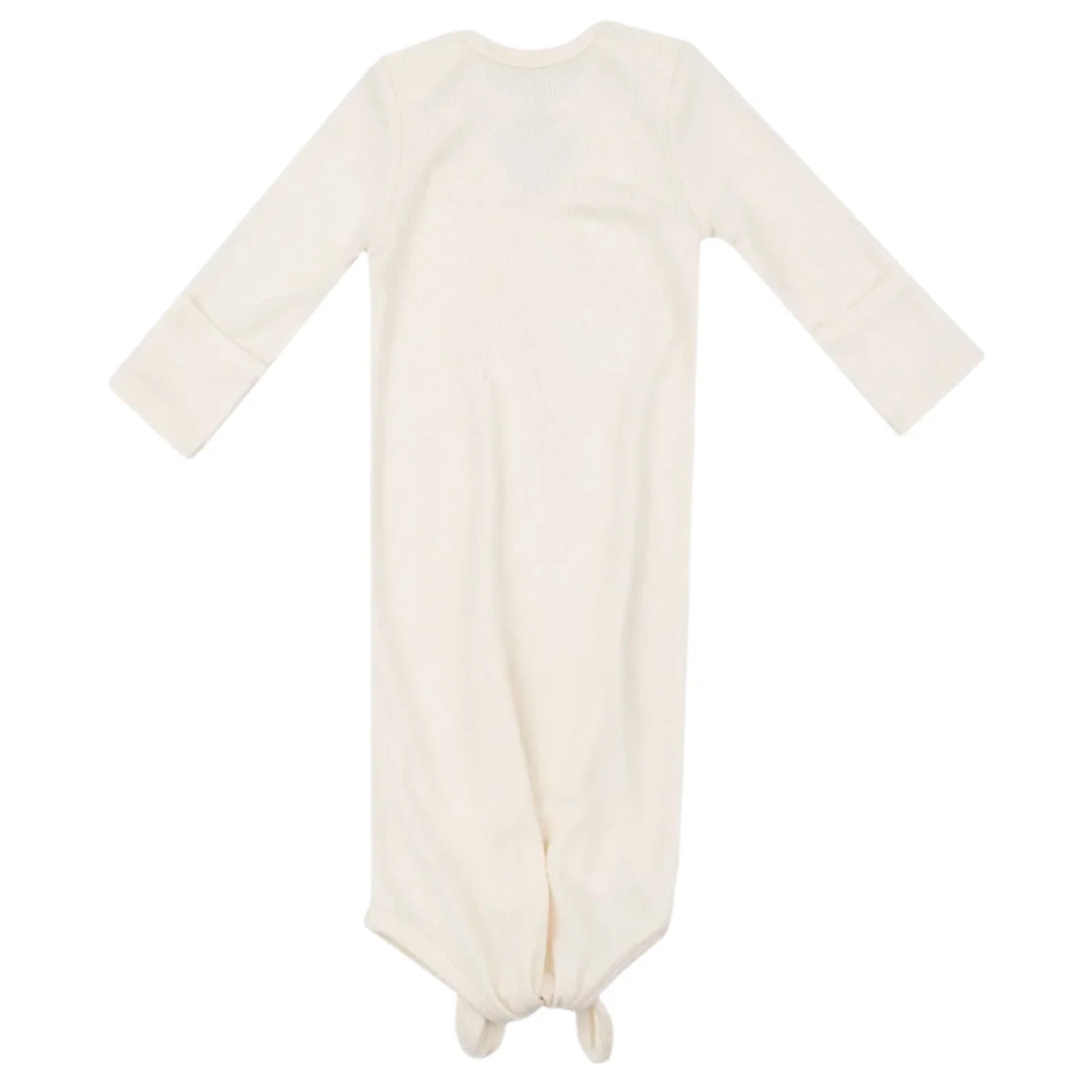 Back view of the Angel Dear Solid Sugar Swizzle Knotted Gown, a long-sleeved baby gown in cream with a knotted bottom for easy diaper changes.