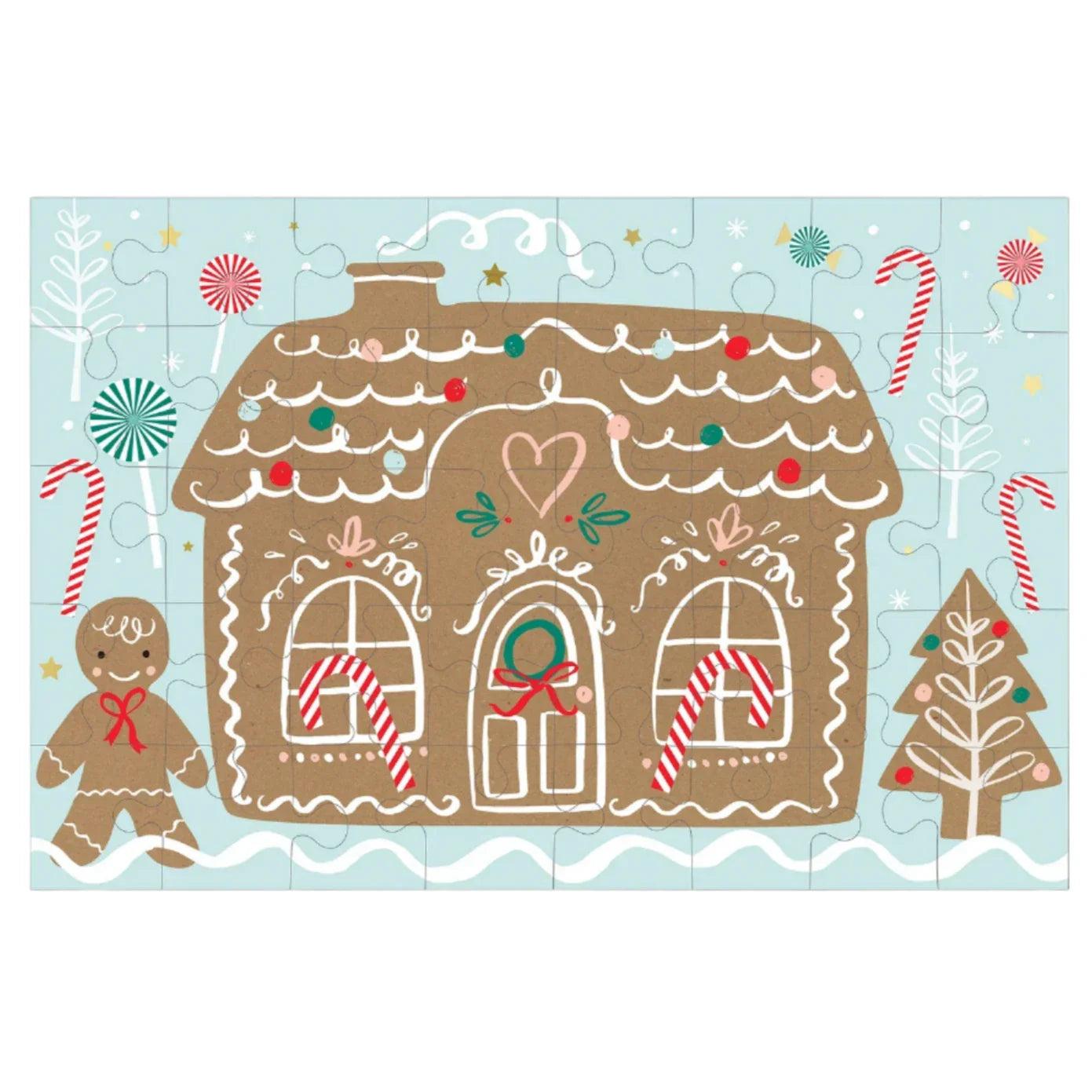 Illustration of the Meri Meri Gingerbread Christmas Eve Suitcase, featuring candy canes, a gingerbread person, and a decorated tree on a light blue background—ideal as an interactive gift for Christmas Eve.