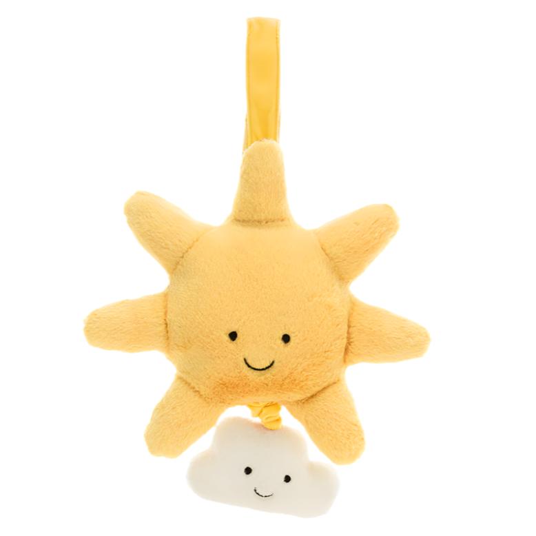 The Jellycat Amuseable Sun Musical Pull is an enchanting nursery toy featuring a plush, smiling sun and a cheerful cloud hanging beneath. This lullaby companion from Jellycat is ideal for soothing little ones to sleep.