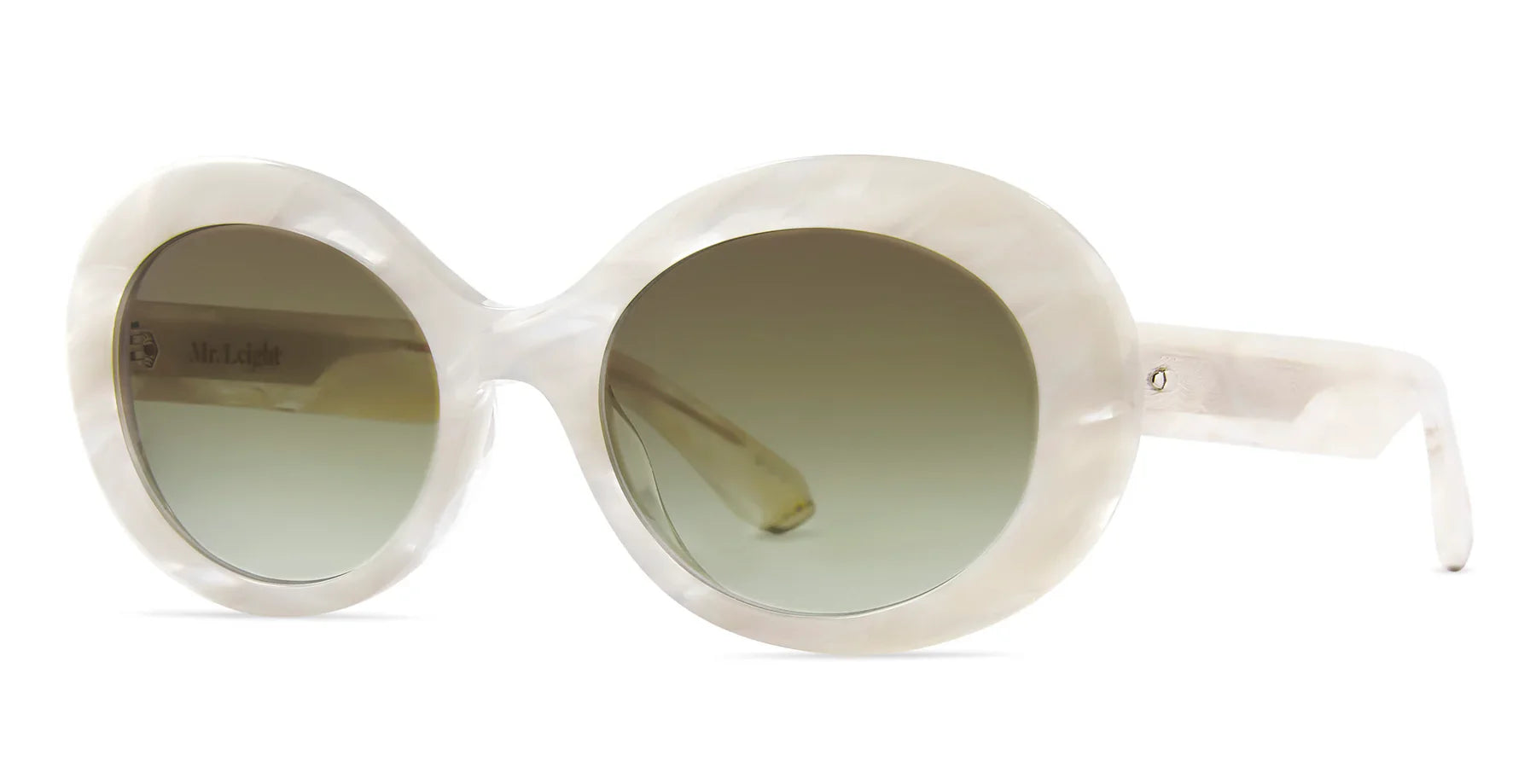 The Mr. Leight Portia Sunglasses boast a glamorous design with white oval frames, gradient lenses, and thick, sturdy arms crafted from stylish acetate by the brand Mr. Leight.