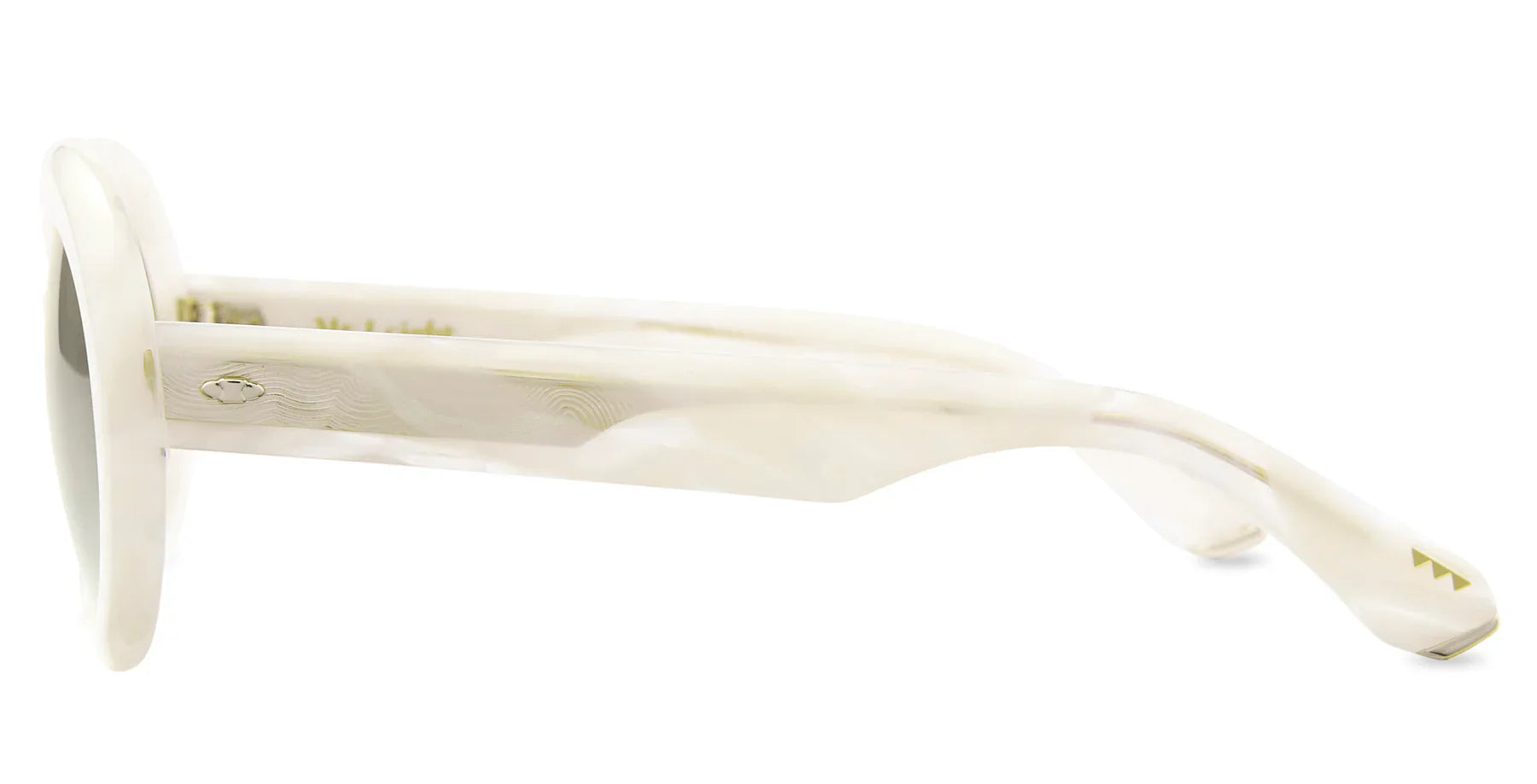 A side view of the Mr. Leight Portia Sunglasses showcases glamorous, cream-colored round frames and patterned arms, highlighting the elegant acetate colors.
