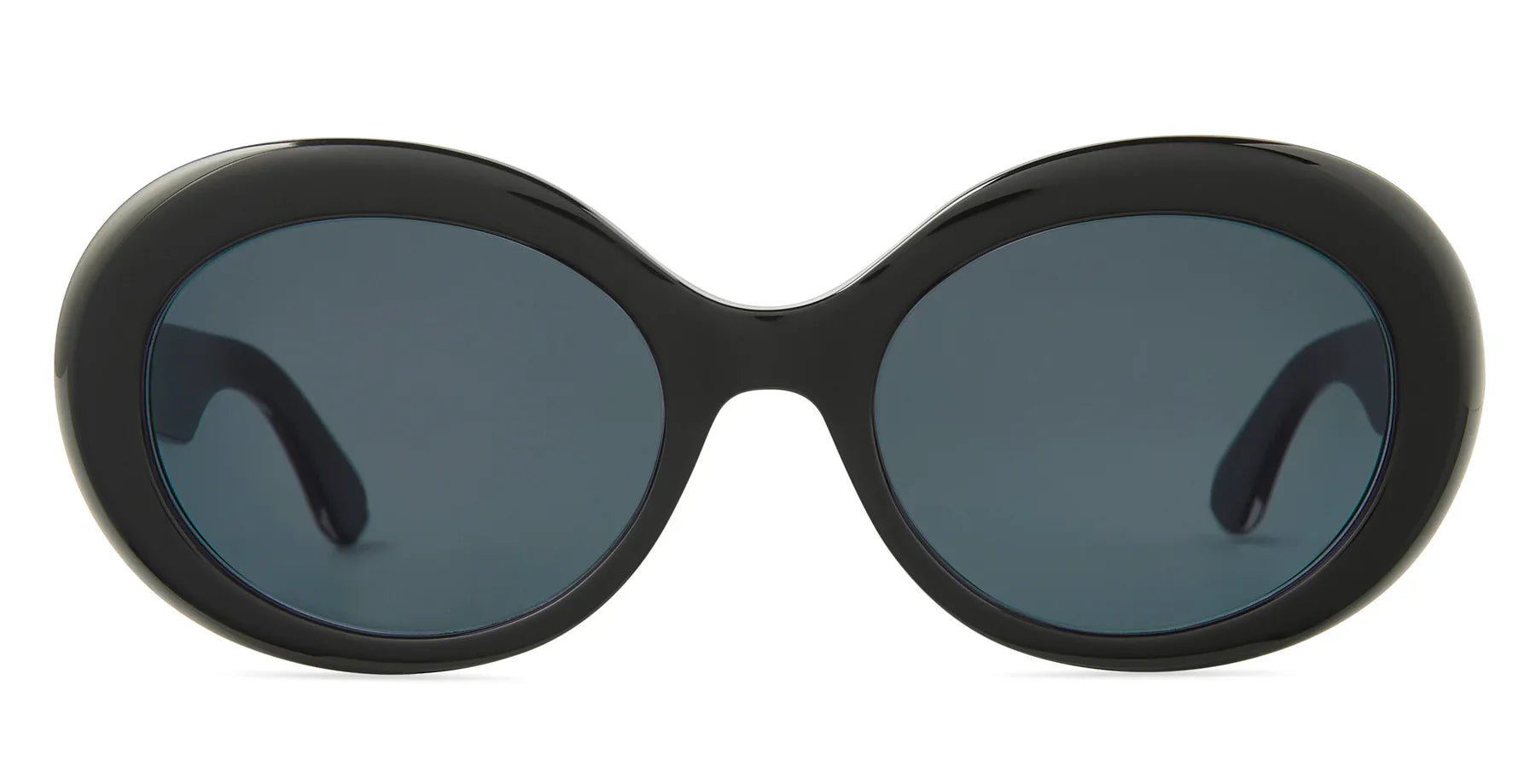 Chic Mr. Leight Portia sunglasses featuring a sophisticated black oval frame and dark lenses, presenting an elegant appearance from the front.
