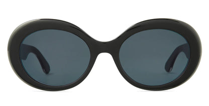 Front view of Mr. Leight Portia Sunglasses: black oval frames with dark lenses and thick acetate, offering a classic Hollywood style.