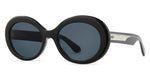 The Mr. Leight Portia Sunglasses from Mr. Leight showcase glamorous oversized round frames in black, featuring dark lenses and decorative temples, with their elegance highlighted against a white background.