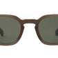 Front view of Rell Sunglasses by Mr. Leight, featuring a brown rectangular geometric silhouette, Select Glass dark lenses, and metal accents near the hinges.