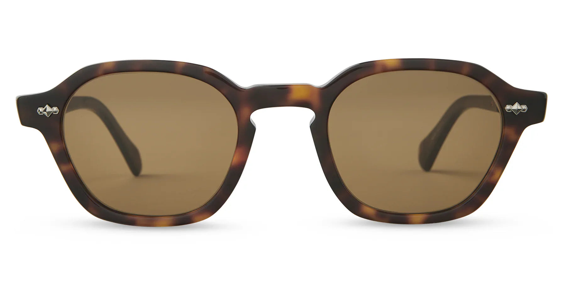 The Mr. Leight Rell Sunglasses feature a tortoiseshell square frame equipped with Mr. Leight Select Glass brown lenses and distinctive silver rivet accents on the corners, embodying a spirit of nonconformity.