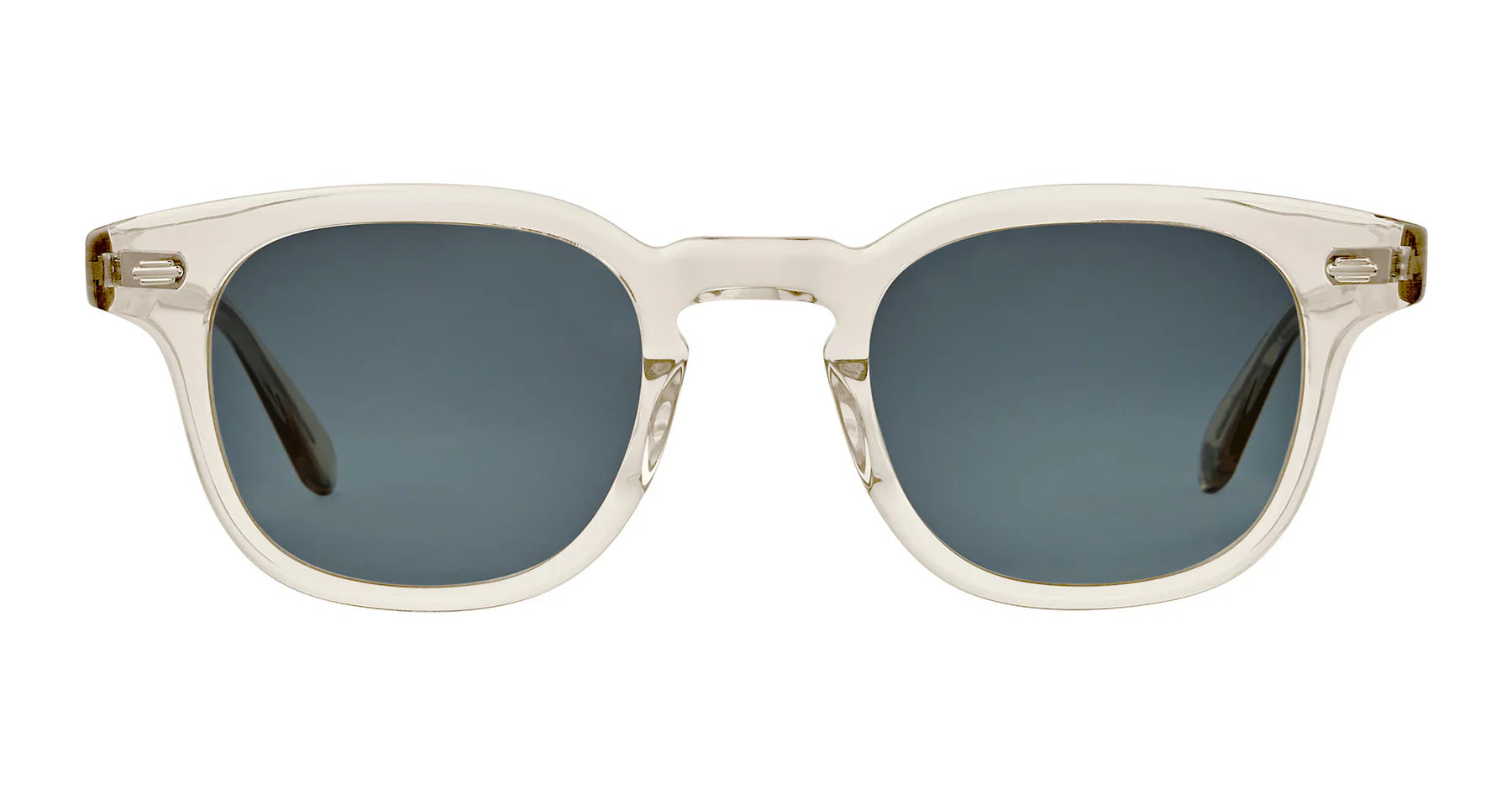 The Garrett Leight Sherwood Sunglasses feature a compact square frame made from Pure Blue Smoke Cured Cellulose Acetate, with clear frames and dark lenses, shown against a white background.