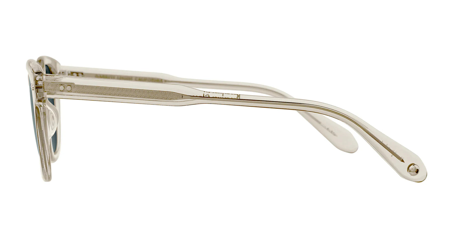 Side view of Garrett Leight Sherwood Sunglasses, offering a compact square frame crafted from pure blue smoke-cured cellulose acetate, with straight arms and detailed hinges.