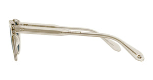Side view of Garrett Leight Sherwood Sunglasses, offering a compact square frame crafted from pure blue smoke-cured cellulose acetate, with straight arms and detailed hinges.