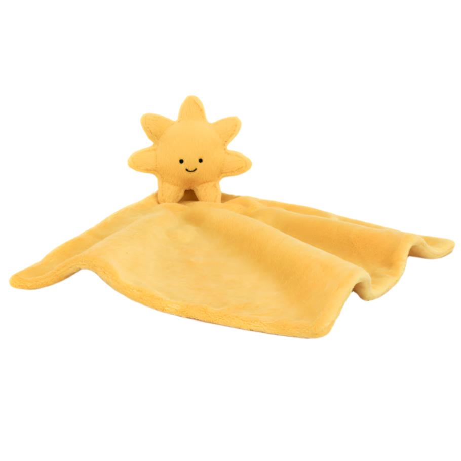 Introducing the Jellycat Amuseables Sun Soother: a plush yellow blanket crafted from recycled fibers, featuring a small, smiling sun character at one corner. Perfect as a newborn gift, this cozy blanket from Jellycat is both eco-friendly and adorable.