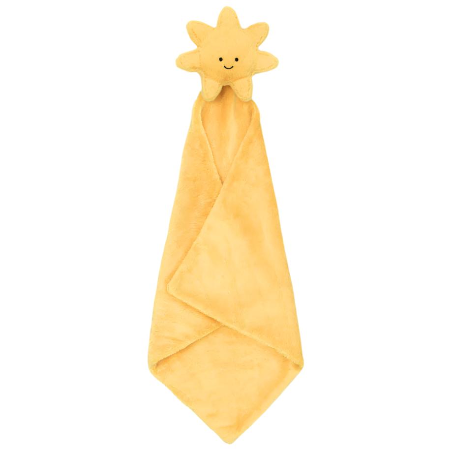 The Jellycat Amuseables Sun Soother by Jellycat is a yellow plush blanket made from recycled fibers, featuring a smiling sun toy attached at the top—an ideal gift for newborns.