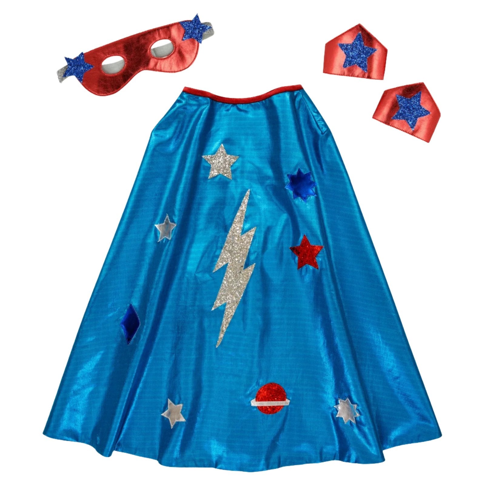 The Meri Meri Blue Superhero Cape Dress Up Kit by Meri Meri includes a blue superhero cape adorned with star, planet, and lightning bolt decorations, a red eye mask, and red wrist cuffs featuring blue star designs.