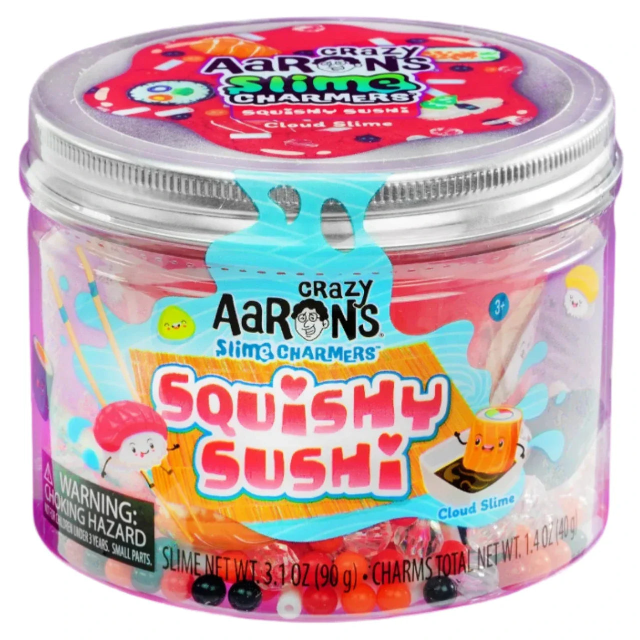 The "Crazy Aarons Slime Charmers" from Crazy Aarons features a charming container of slime decorated with vibrant beads and textured mixers. Be aware of the warning label about a choking hazard for children aged 3 and up.