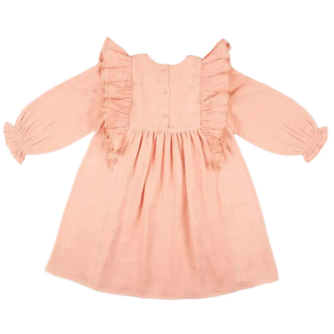 The Early Sunday Suzanne Dress is a delightful pink, long-sleeved outfit for children, featuring ruffled shoulders, floral embroidery, and a buttoned back. Made from soft cotton double gauze, it offers both style and comfort.