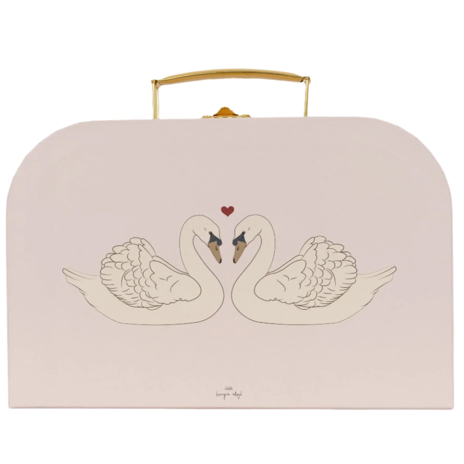 The Konges Slojd Artist Set from Konges Slojd showcases a whimsical suitcase illustration of two swans facing each other with their necks creating a heart shape, and a small red heart floating between them, perfect for inspiring any little artist.