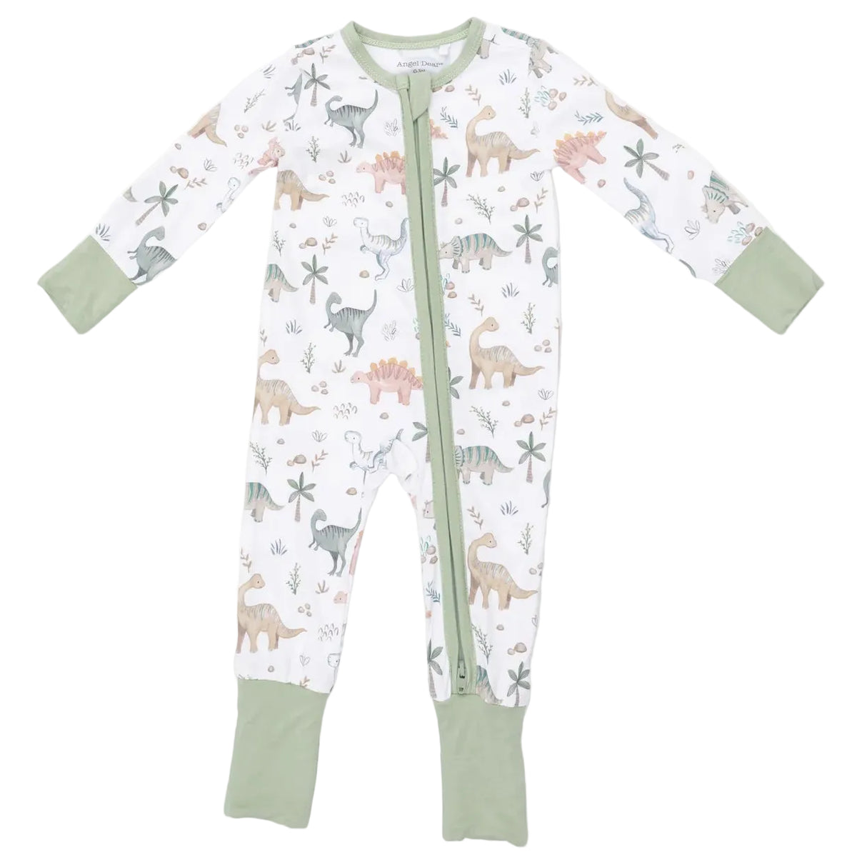 Angel Dear Baby Convertible Romper with dinosaur print, sage green cuffs, and a front zipper closure.
