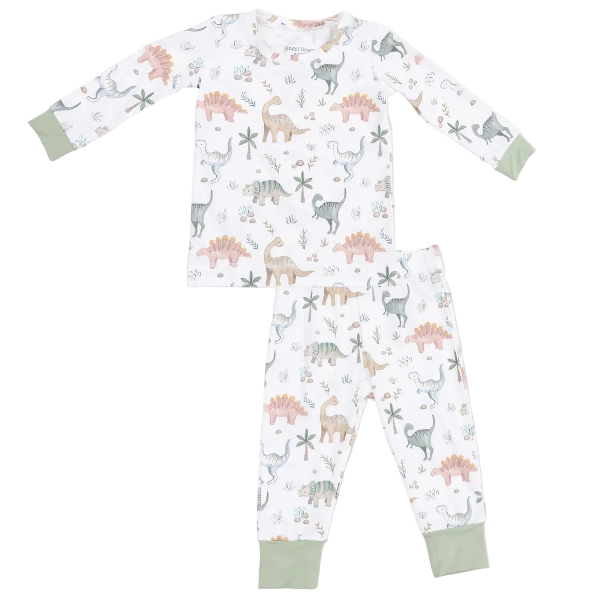 The Angel Dear Baby and Kids’ Long Sleeve Loungewear Set is a two-piece outfit featuring long sleeves and pants adorned with a pastel dinosaur and plant print, finished with light green cuffs for added comfort on the sleeves and pant legs.