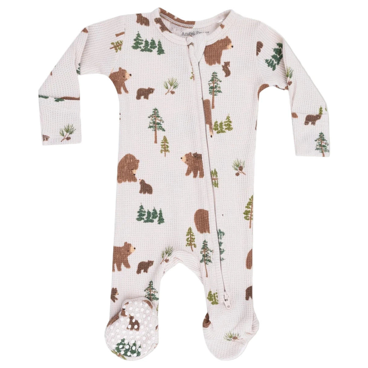 Angel Dear Baby Boys' 2-Way Zipper Footie with long sleeves and footies, featuring a charming print of brown bears, green trees, and greenery on a white background.