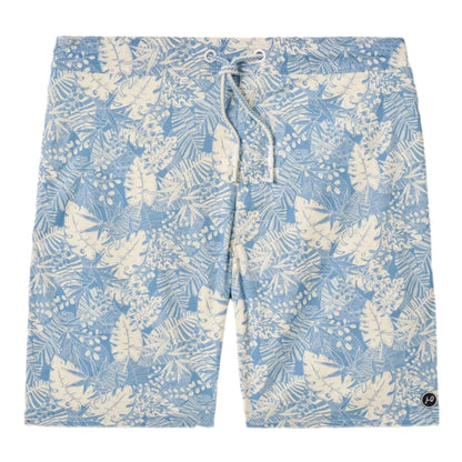 Johnnie-O Salty Dogs Swim Trunks by Johnnie-O feature light blue surf shorts with a fun white tropical leaf pattern and a comfortable drawstring waistband.