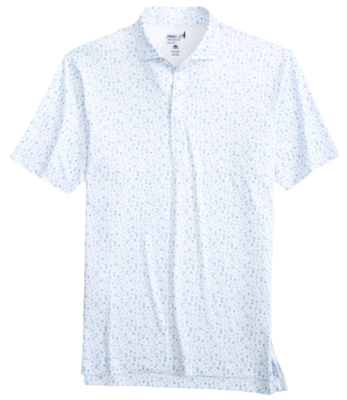 Johnnie-O's Swing Juice Polo is a light blue-speckled shirt made from lightweight, moisture-wicking fabric. It features a folded collar and short sleeves, shown against a white background.