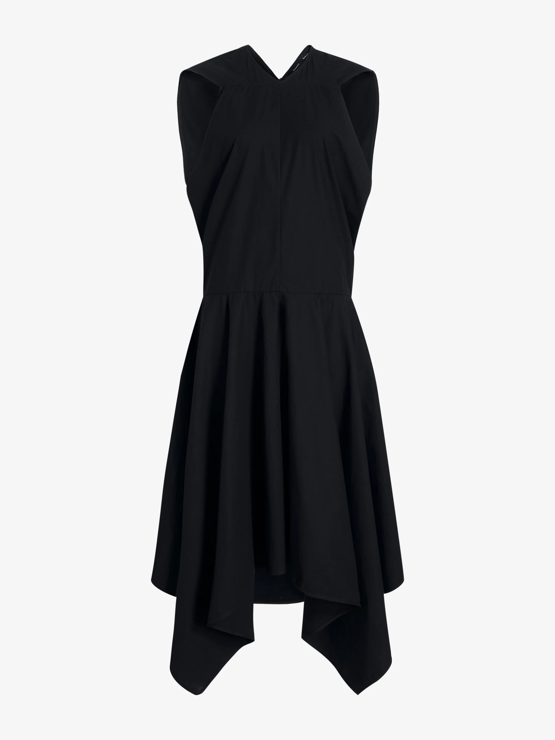 The Sybella Dress by Proenza Schouler is a sleeveless black cotton piece with a fitted bodice and flowing asymmetrical handkerchief hem, shown against a plain white background.