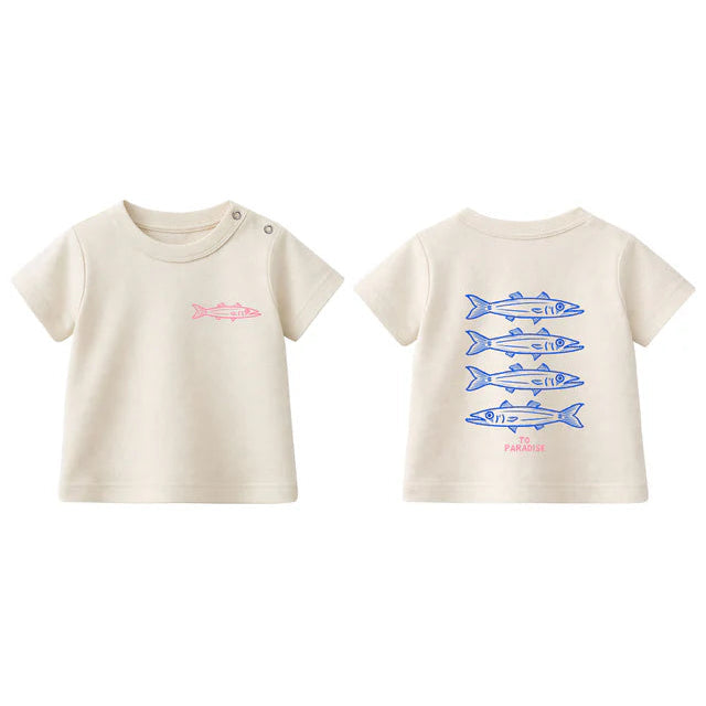 Front and back of Pepita & Me Baby Boys' and Boys' cream cotton short-sleeve t-shirt; front shows a small pink fish, back displays four blue fish stacked horizontally.