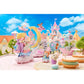 Calico Critters’ Floral Fantasy Skyship enchants visitors with pastel-themed animal figures set in an imaginative amusement park, featuring whimsical castles, clouds, a crescent moon, and macaron-shaped seats under a bright blue sky. The adorable Latte Cat baby floats by in the Floral Fantasy Skyship, while some animals don charming fairy costumes to add even more magic to the delightful scene.