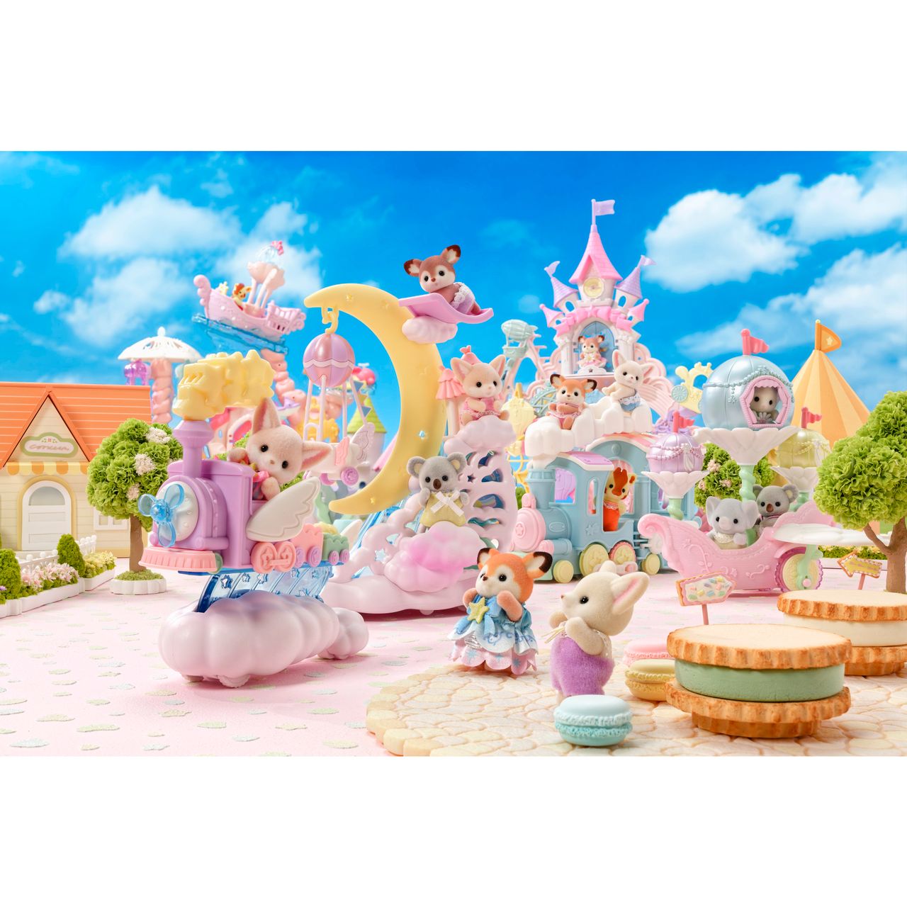 Calico Critters’ Floral Fantasy Skyship enchants visitors with pastel-themed animal figures set in an imaginative amusement park, featuring whimsical castles, clouds, a crescent moon, and macaron-shaped seats under a bright blue sky. The adorable Latte Cat baby floats by in the Floral Fantasy Skyship, while some animals don charming fairy costumes to add even more magic to the delightful scene.