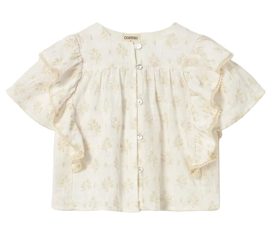 The Cozmo Girls' Tansy Floral Blouse is a white, short-sleeved top crafted from soft cotton gauze, featuring delicate floral embroidery, back buttons, ruffled sleeves, and a round neckline.