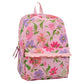 The Beaufort Bonnet Company’s Don’t Forget Your Backpack Backpack features ruffle trim, a Grand Cayman Gardens floral pattern in pink, purple, and green, plus a front zip pocket and top handle.