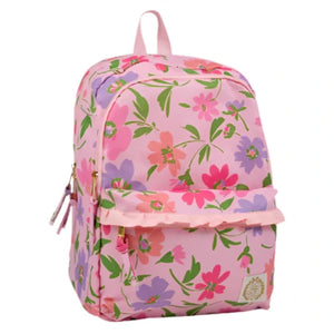The Beaufort Bonnet Company’s Don’t Forget Your Backpack Backpack features ruffle trim, a Grand Cayman Gardens floral pattern in pink, purple, and green, plus a front zip pocket and top handle.